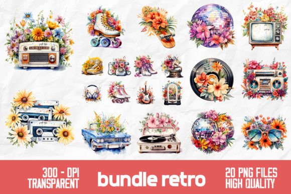 Download Retro Watercolor Flowers Bundle Design - Watercolor flowers bundle Collection