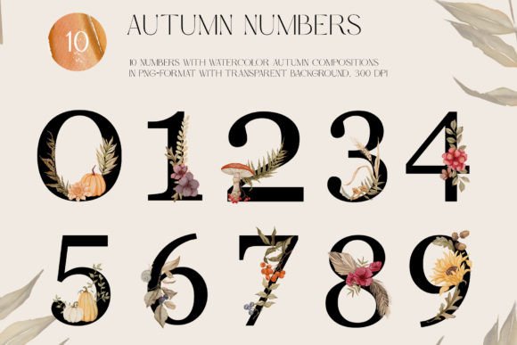 Download Autumn Numbers with Watercolor Plants - Plant Collection