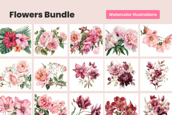 Download Watercolor Flowers Bundle | 30 Drawings - Watercolor flowers bundle Collection