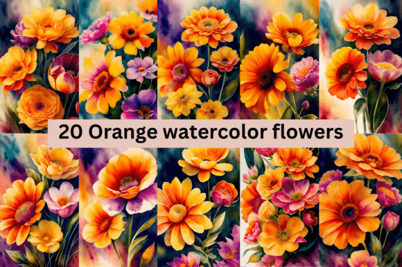 Download #4 Orange Watercolor Flowers Bundle - Watercolor flowers bundle Collection